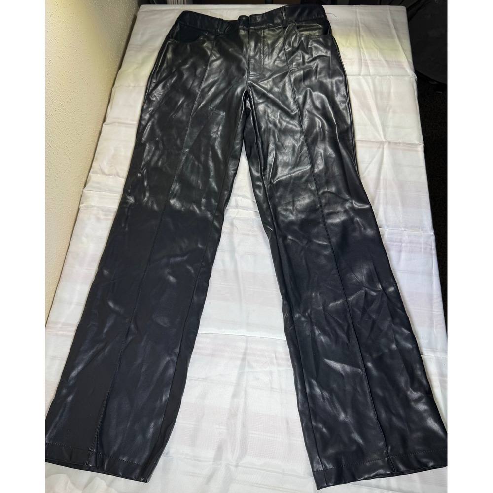 Stradivarius Black Faux Leather Straight Leg Pants High Waisted Womens Size 8